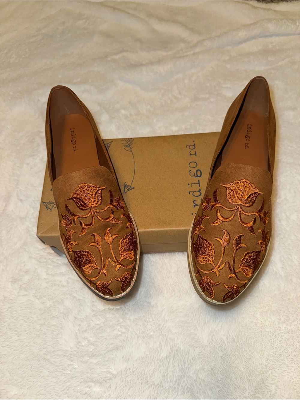 Indigo Brown Suede Slip-On Loafers with Copper Floral Embroidery